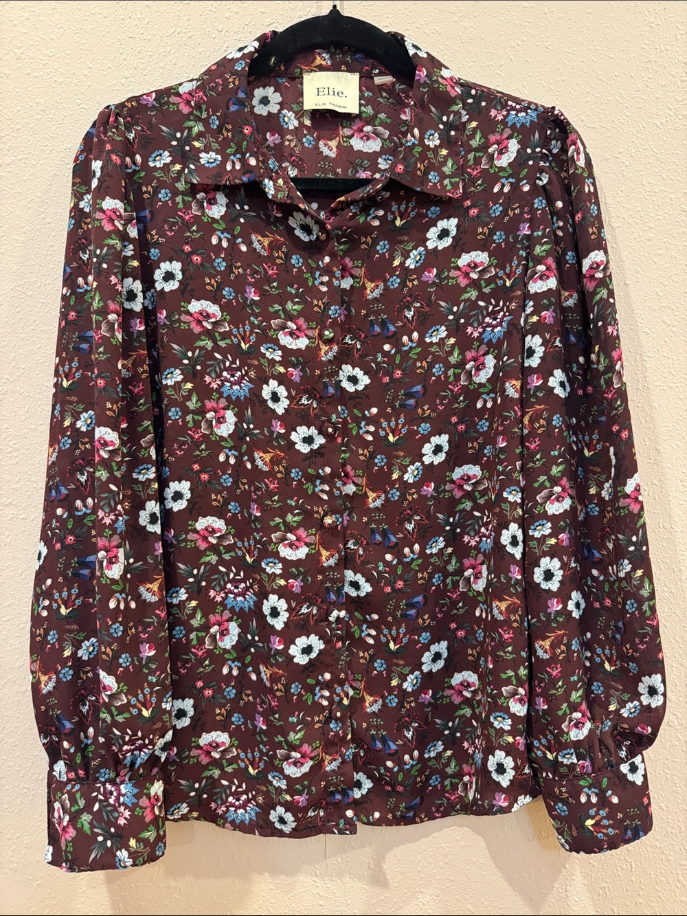Elie Tahari Burgundy Floral Button-Up Blouse